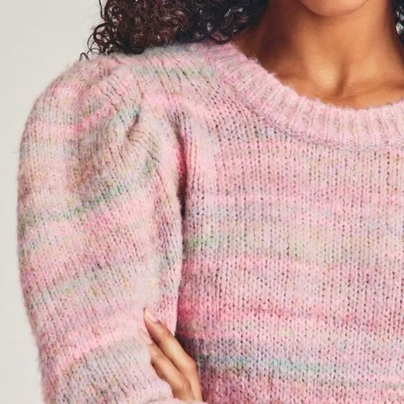 LoveShackFancy Aquarius Pullover Knit Sweater Crew Neck Long Puff Sleeve Pink M - Picture 11 of 13